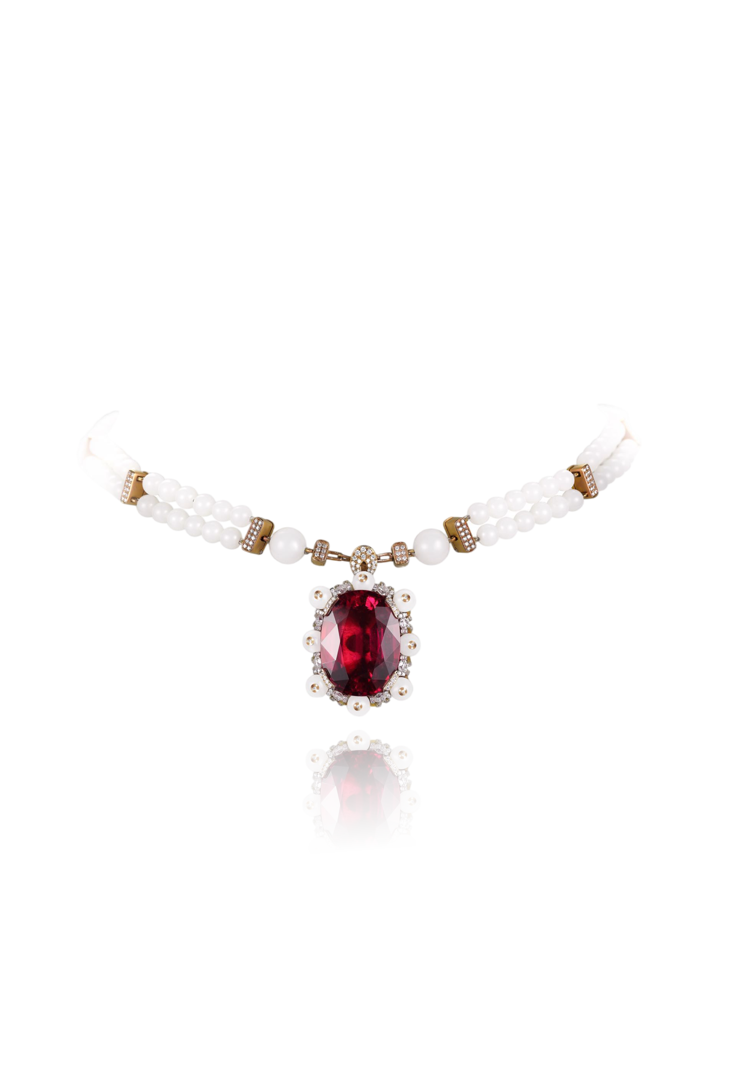Elegant pearl and gemstone necklace with large red gemstone pendant surrounded by small diamonds.