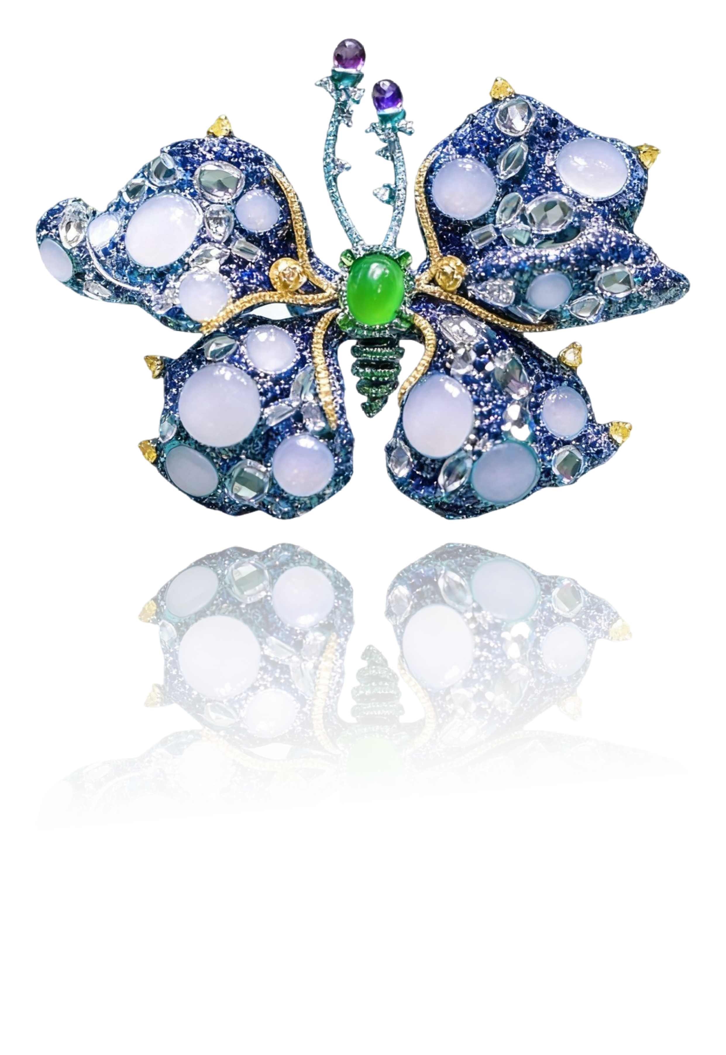 A decorative butterfly brooch with blue wings, adorned with white and clear gemstones, a green gemstone body, and purple gemstone antennae.