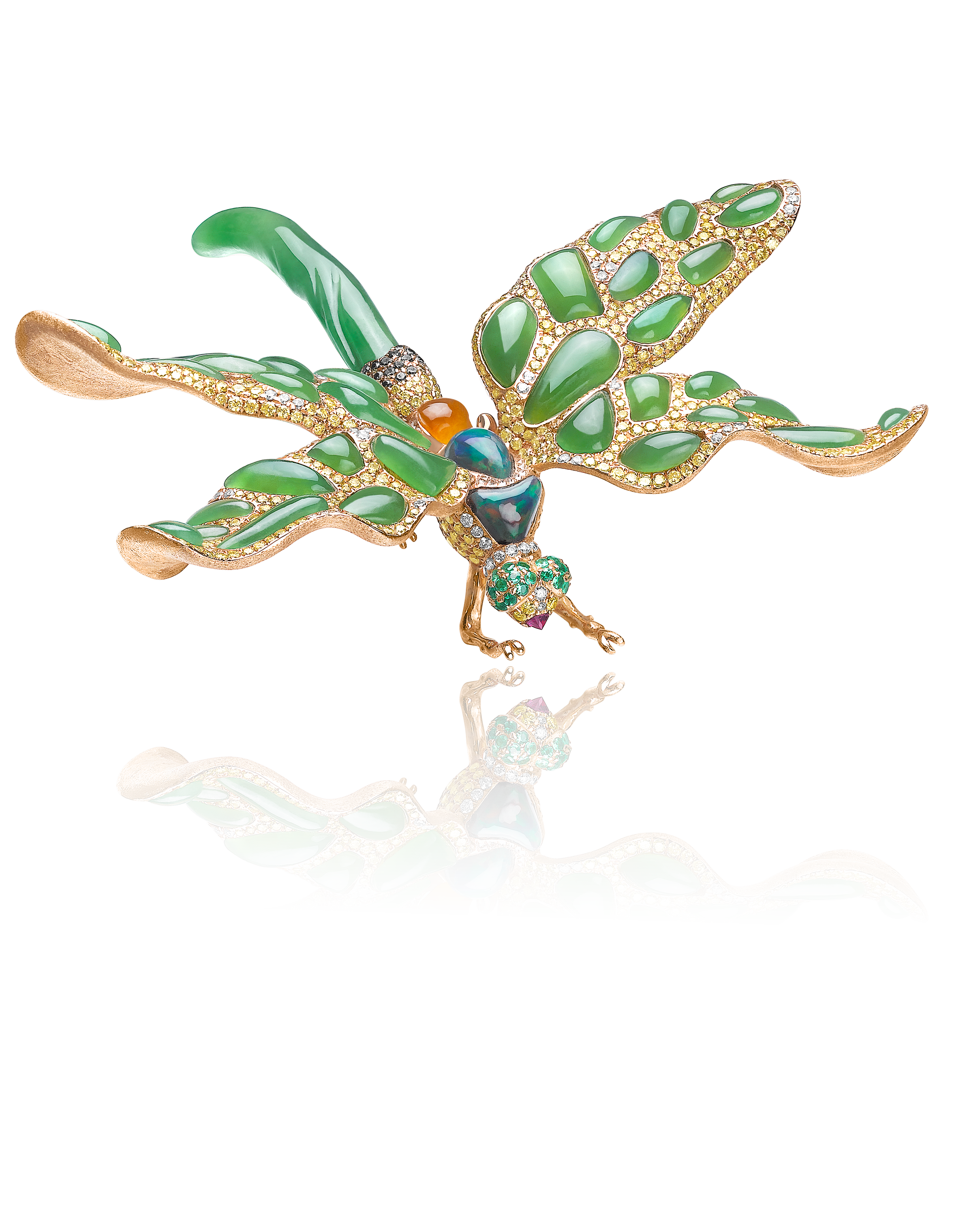 Colorful butterfly-shaped jeweled brooch with green enamel wings and gold accents