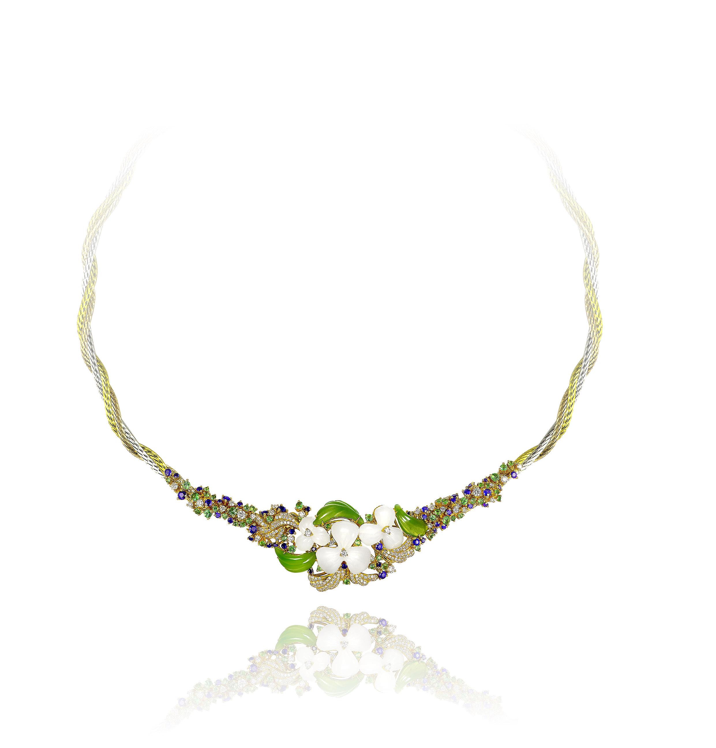 An elegant floral necklace, featuring white Hetian jade blossoms, green leaves, and gold accents.