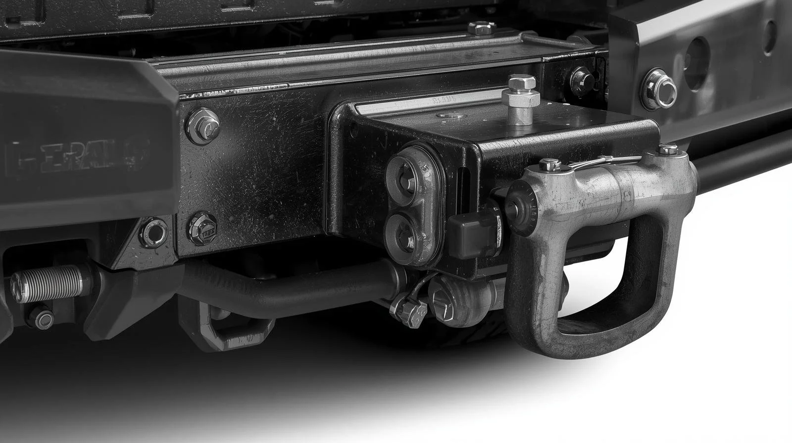 Close-up of a mechanical part including bolts, a metal hook, and a black rectangular box with circular components, mounted on a sturdy metal frame.