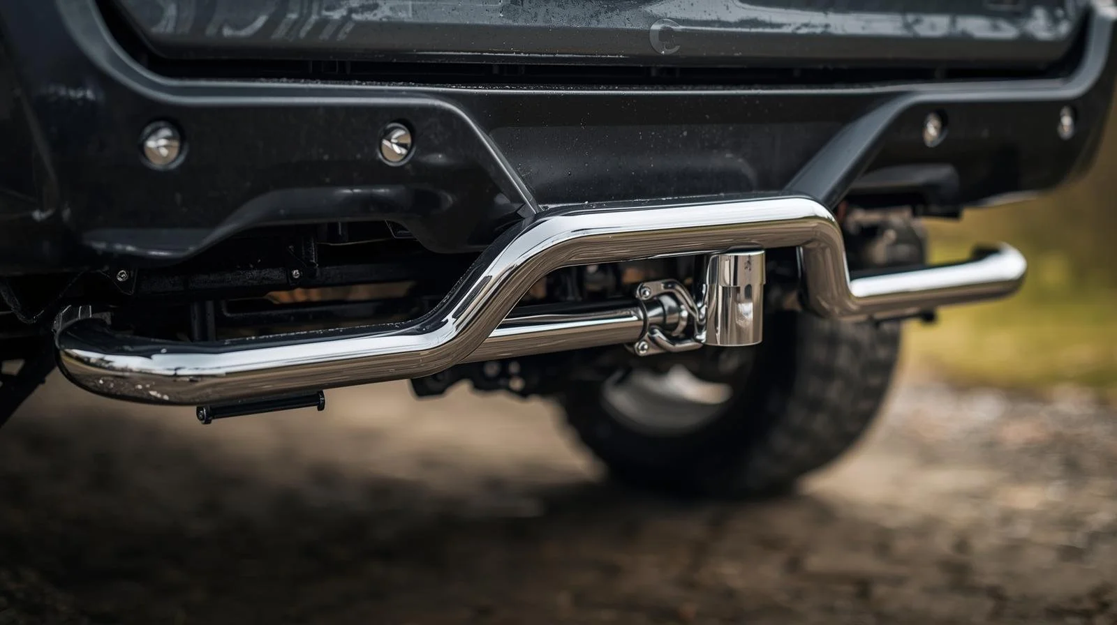 Close-up of a chrome bull bar installed on the front bumper of a black vehicle, showing part of a tire and the ground.