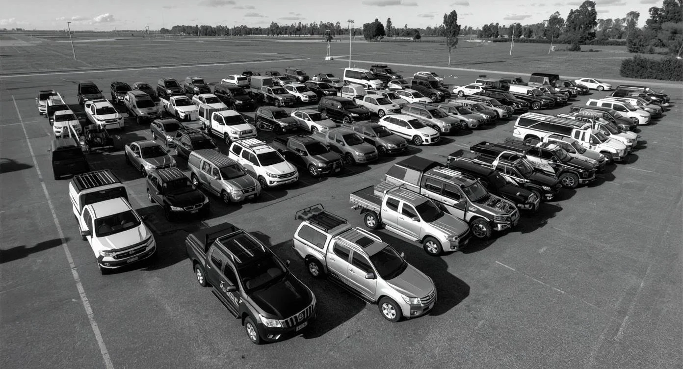 A black-and-white photograph of a parking lot filled with various cars, trucks, and SUVs arranged in rows.