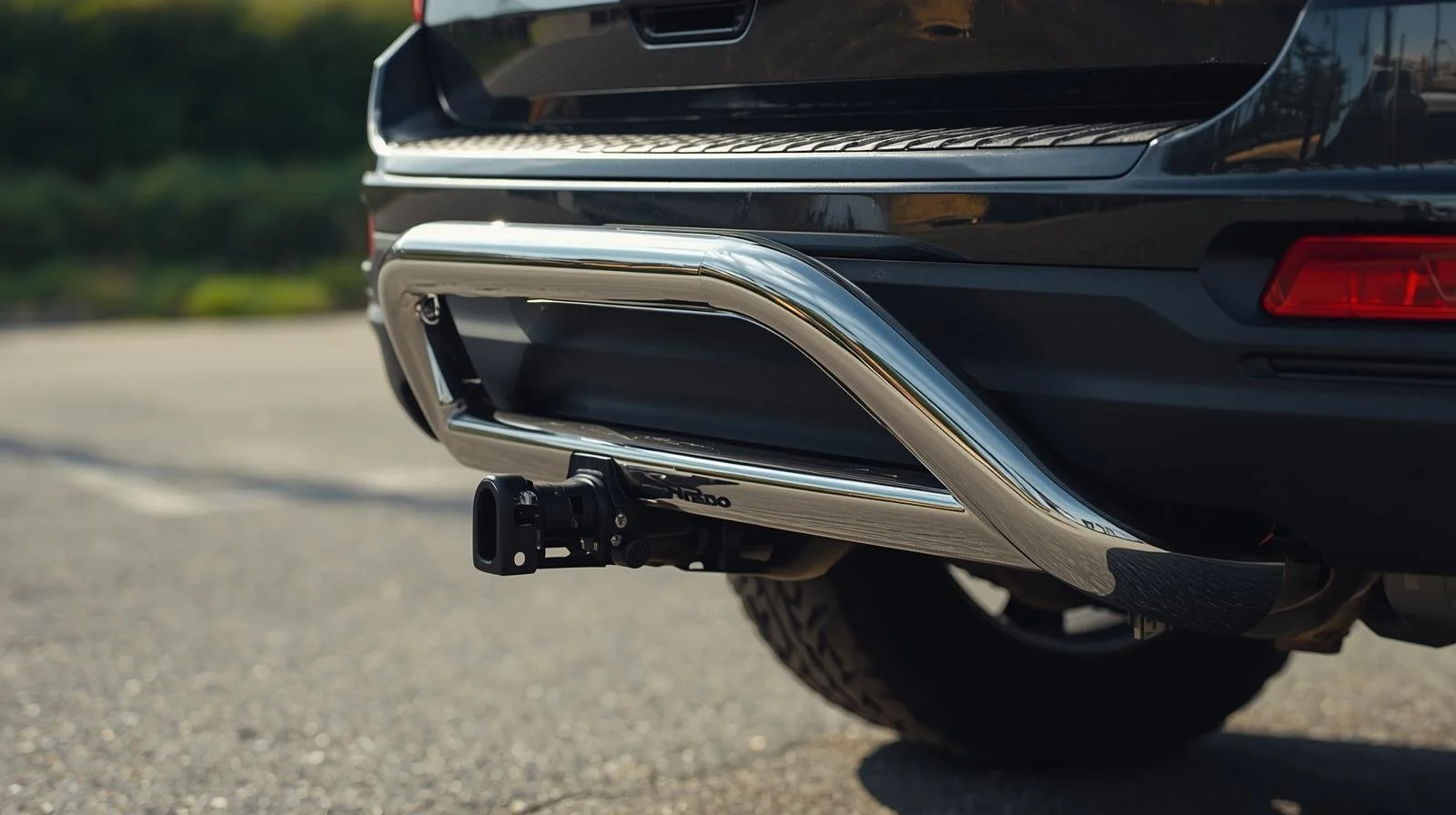 Close-up of the rear bumper of a black vehicle, showing a chrome exhaust pipe and a trailer hitch.