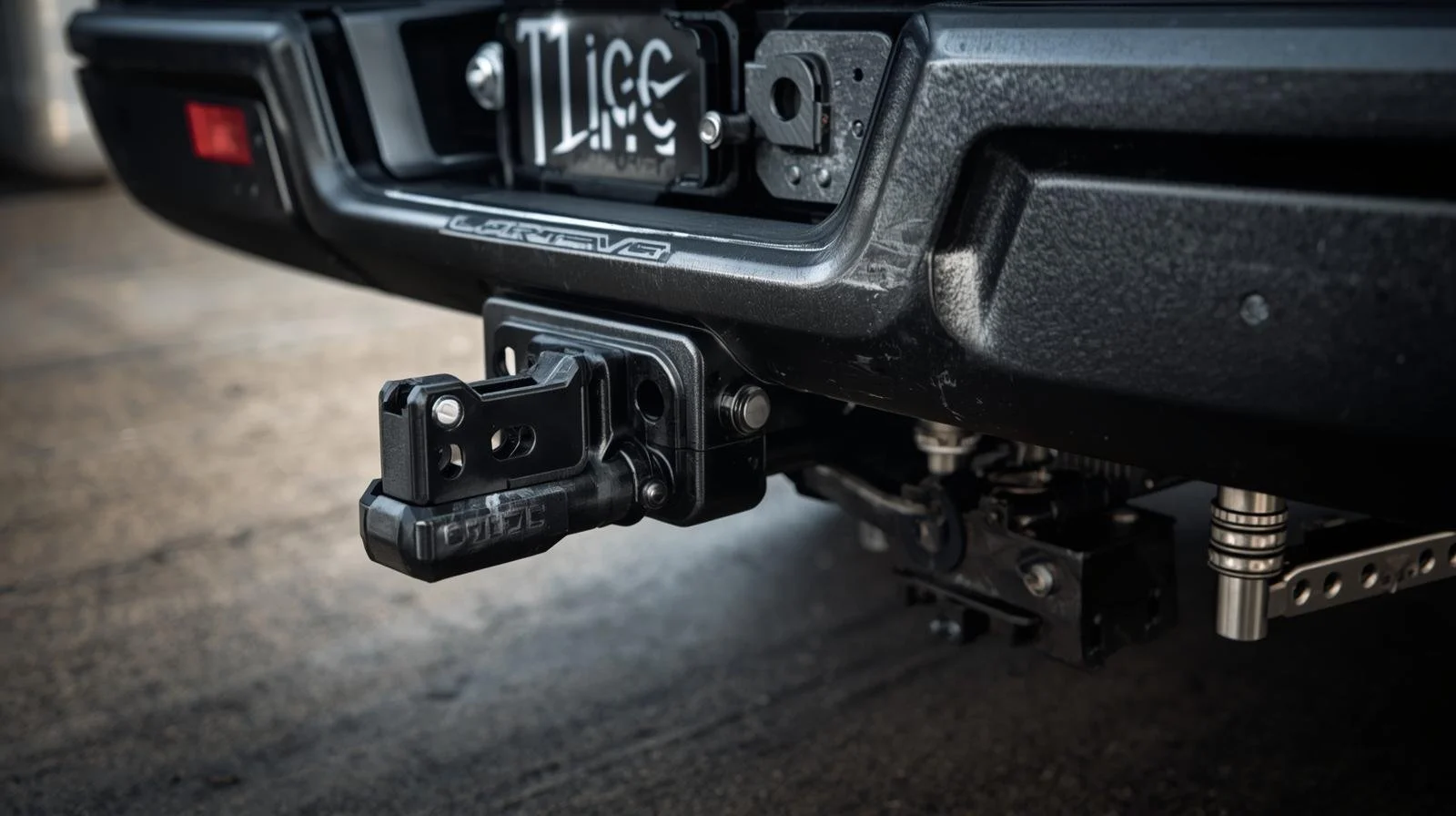 Close-up of a vehicle's rear showing a hitch receiver attached below the bumper and a license plate with partially visible characters.