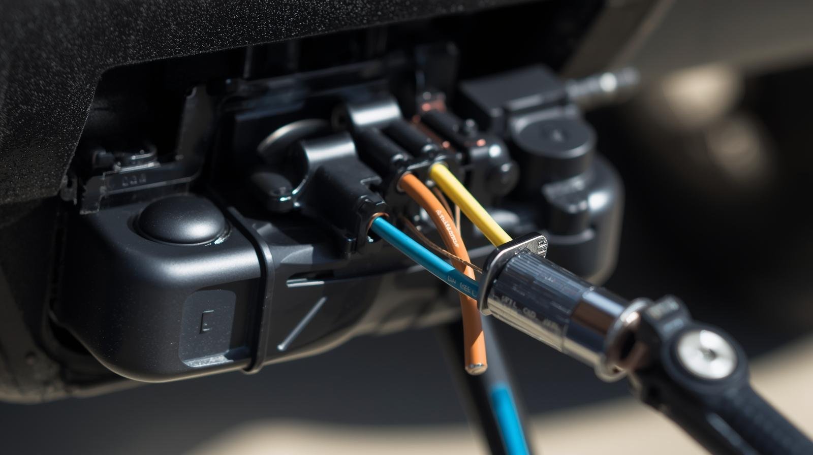 Close-up of a drone with multicolored charging or data cables connected to its port.