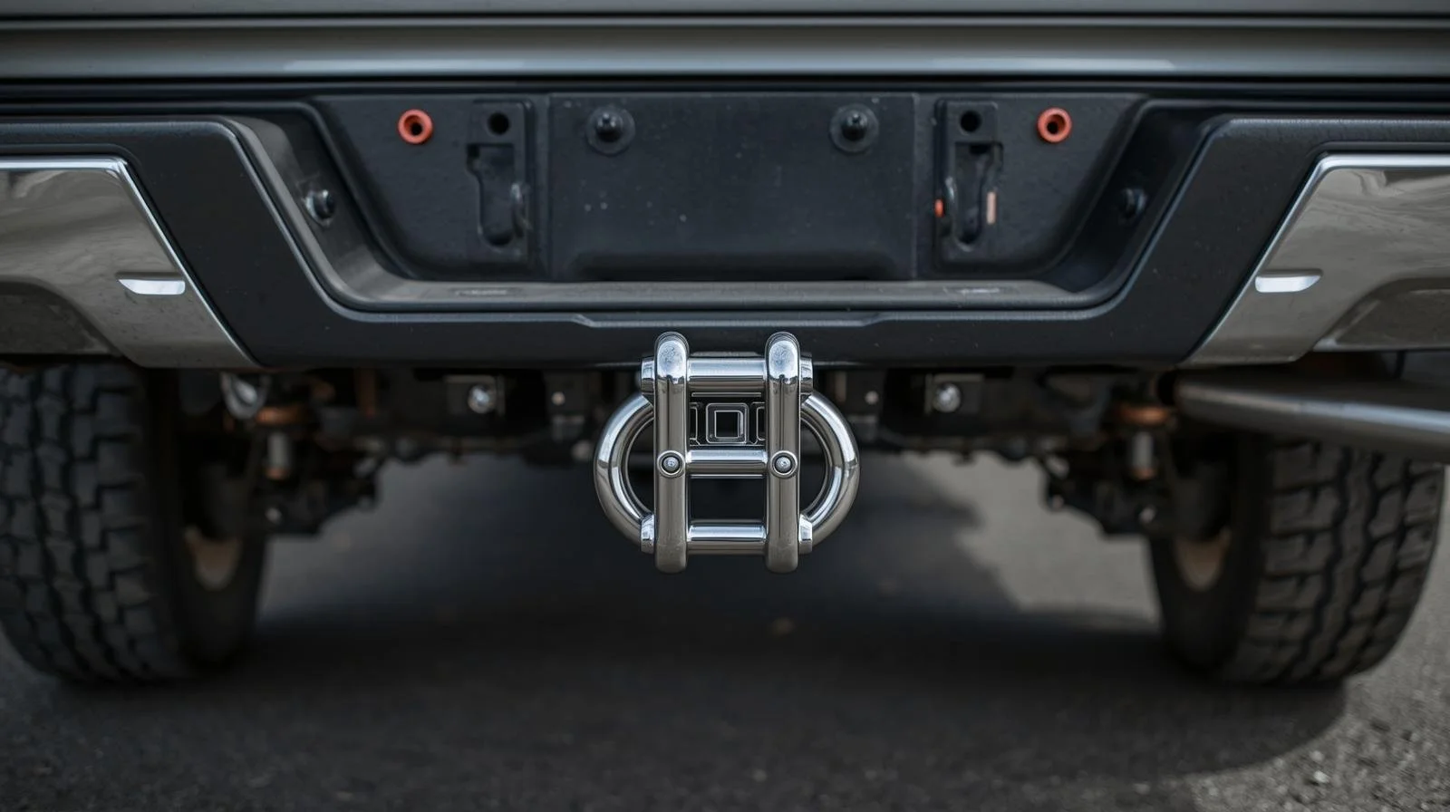 Close-up of the rear of a vehicle showing a chrome trailer hitch receiver.