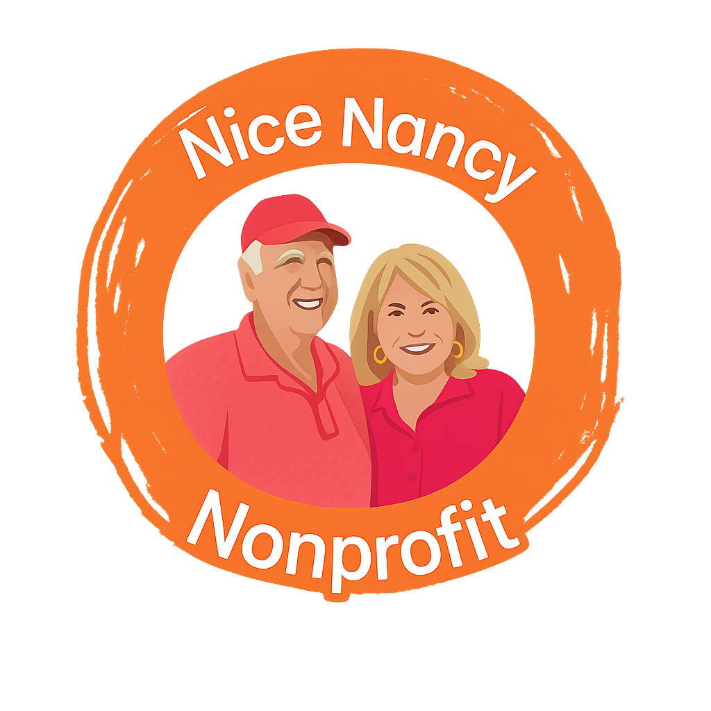 A graphic illustration of a man and woman smiling, with the text 'Nice Nancy Nonprofit' around a circular orange background.