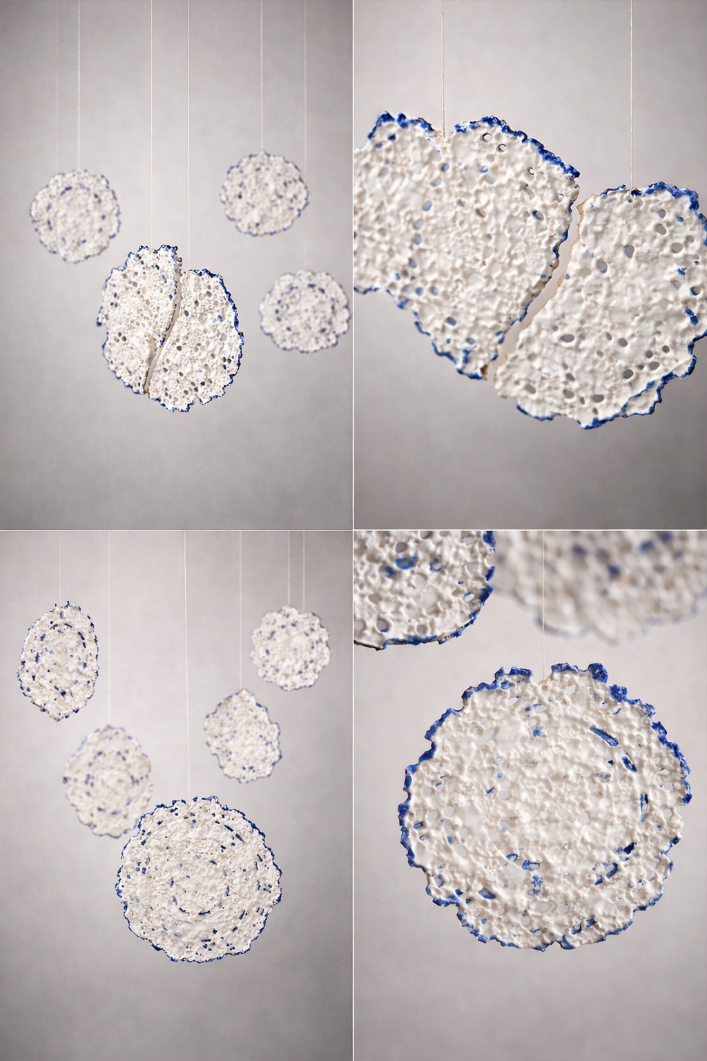 Décor suspendu de boules en relief blanc avec une bordure bleue, vues sous différents angles.