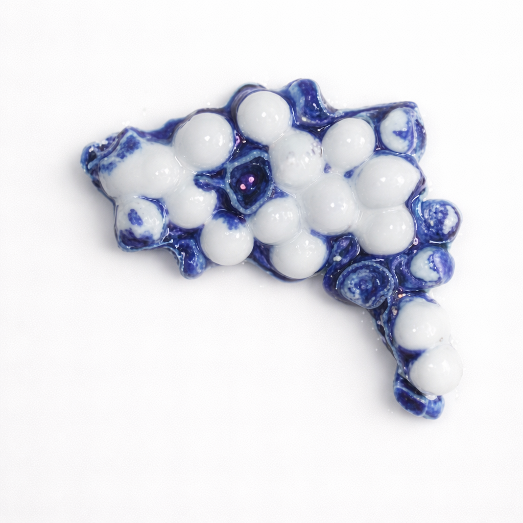 Une sculpture en verre représentant une feuille d'érable, avec des bulles blanches et un contenant de couleur bleue.