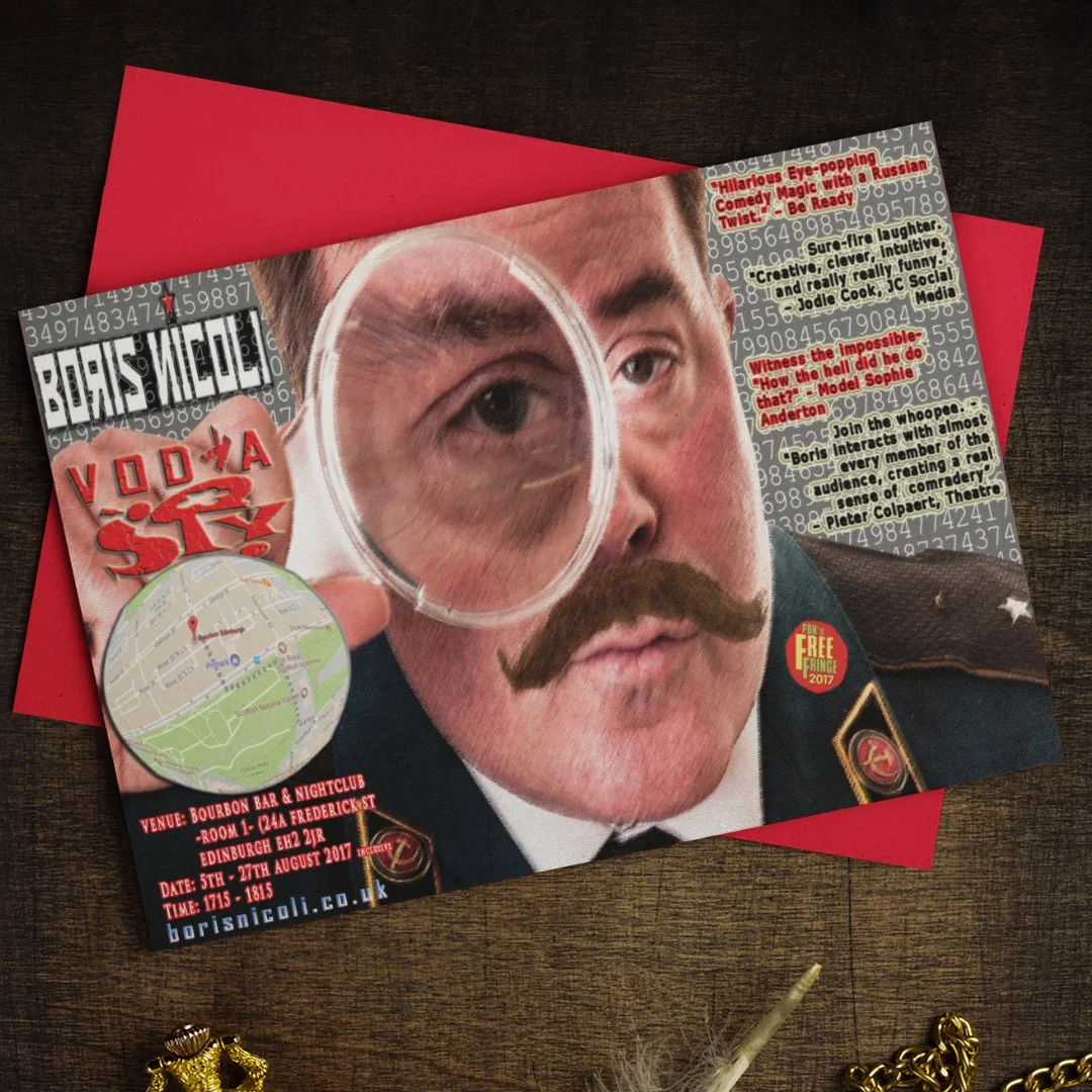 A promotional flyer for Boris Nicol, featuring a man's face with a magnifying glass, a map, and event details for a nightclub in Edinburgh, Scotland, from August 5th to 27th, 2017.