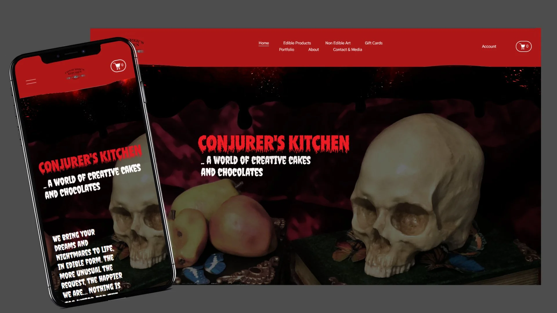 a website called Conjurer's Kitchen showcasing creative cakes and chocolates, with a navigation menu including Home, Edible Products, Non Edible Art, Gift Cards, Portfolio, About, Contact & Media, and an account icon, displayed on both a desktop and mobile device with a dark themed background featuring skulls and apples.