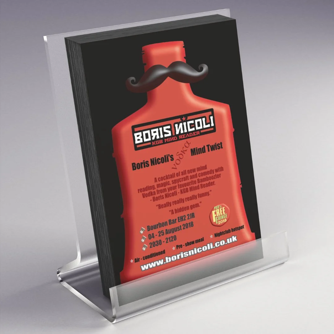 Promotional event poster for Boris Nicoli's 'Mind Twist' comedy show, featuring a bottle with a mustache graphic and event details listed.