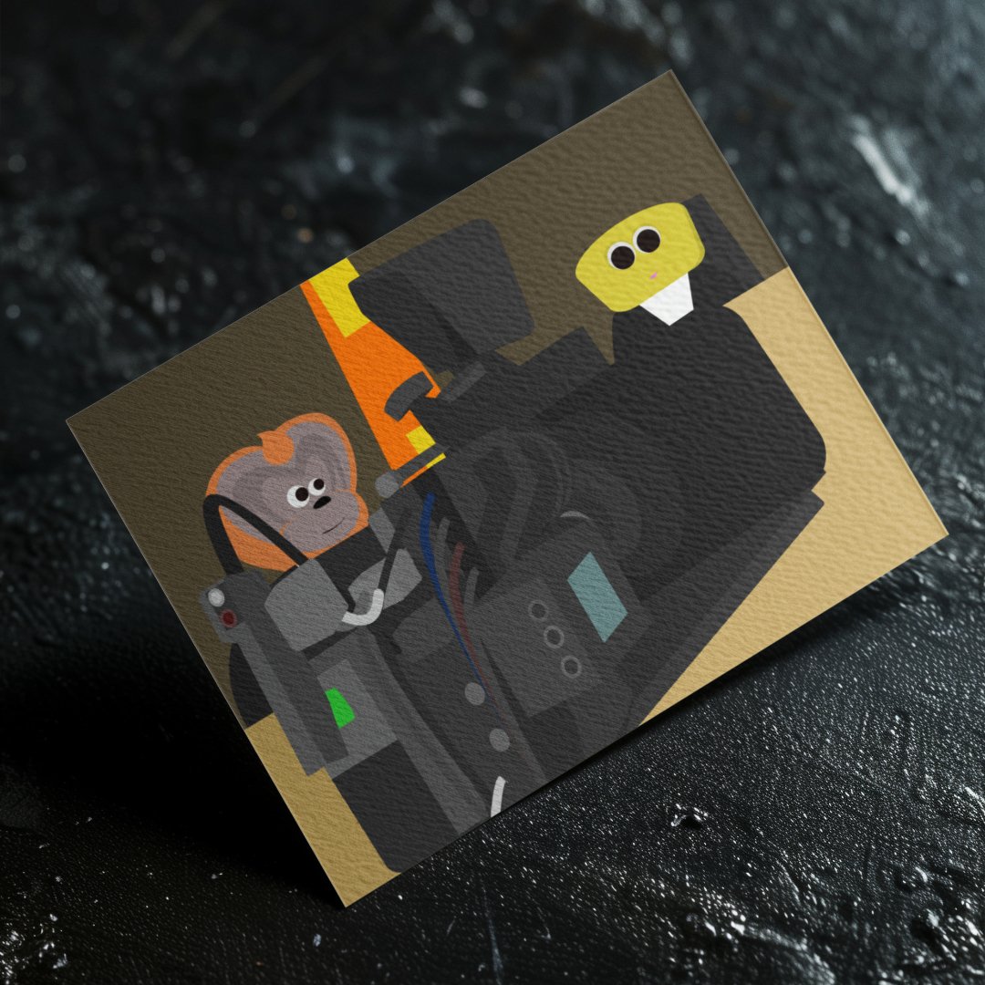 Cartoon illustration of two anthropomorphic animals taking photos with a camera, one has brown and beige fur with big eyes and the other has black fur with yellow face and nose.