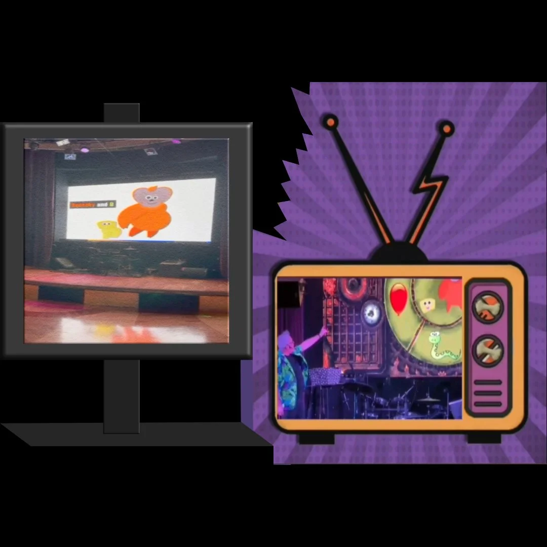 Digital illustration of two screens with cartoon characters and musical elements, set against a purple background with comic-style burst.