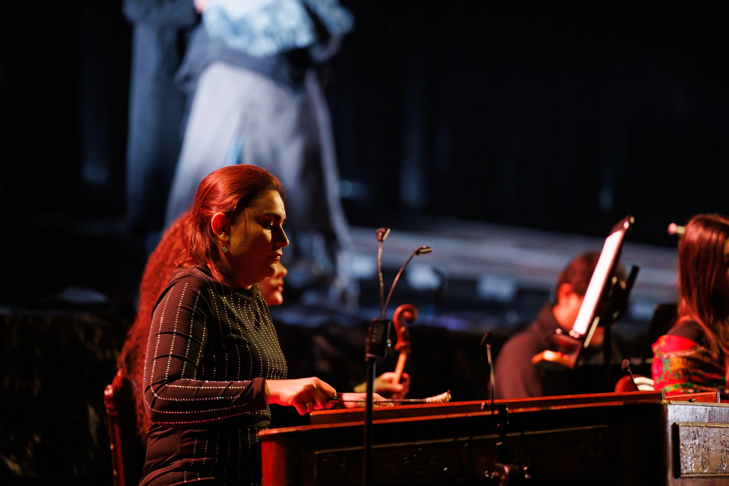 Musikerinnen spielen auf einem dunklen Bühnenensemble mit Streichinstrumenten und Notenblättern.