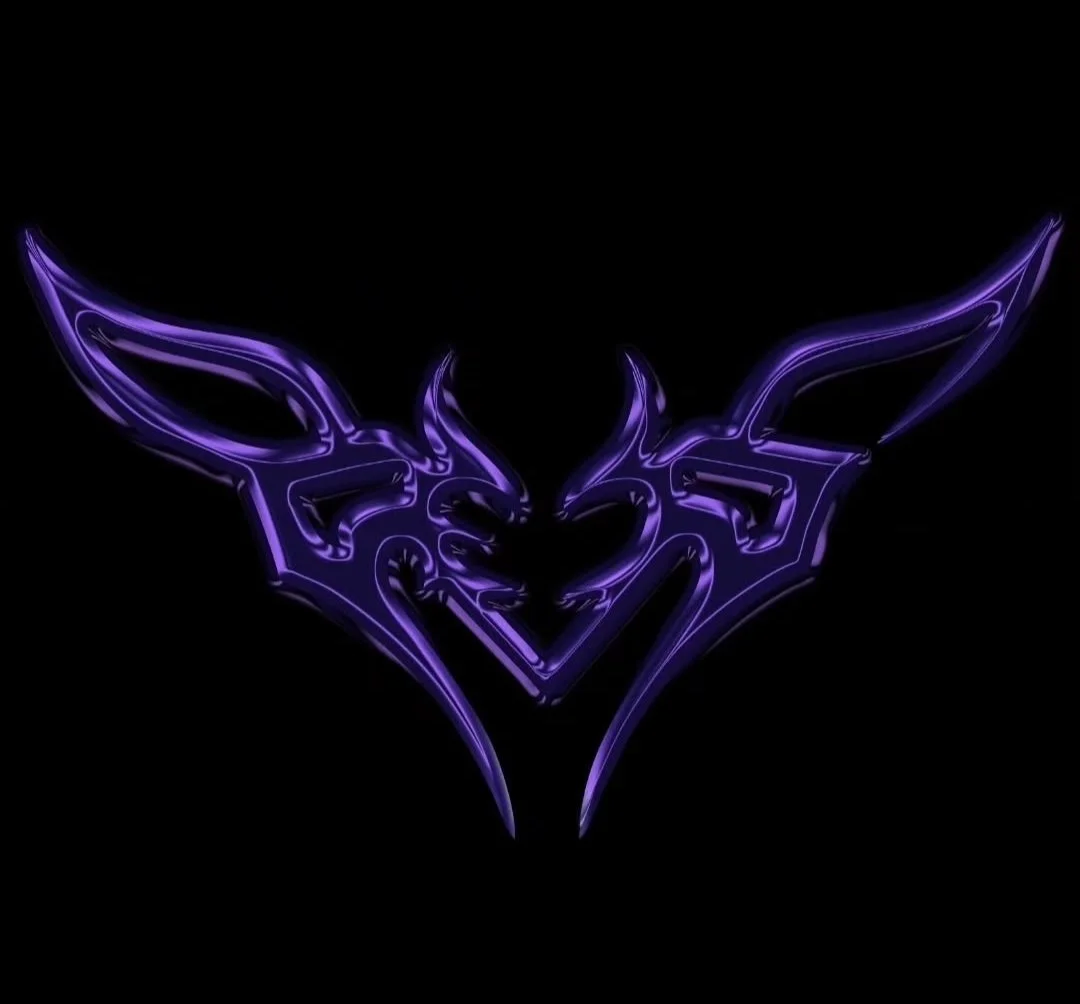 Neon purple logo of two stylized bats facing each other with outstretched wings against a black background.