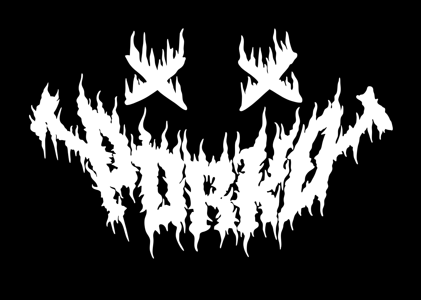 Black and white illustration of a sinister smiling face with jagged teeth, sharp eyebrows, and flames for eyes.