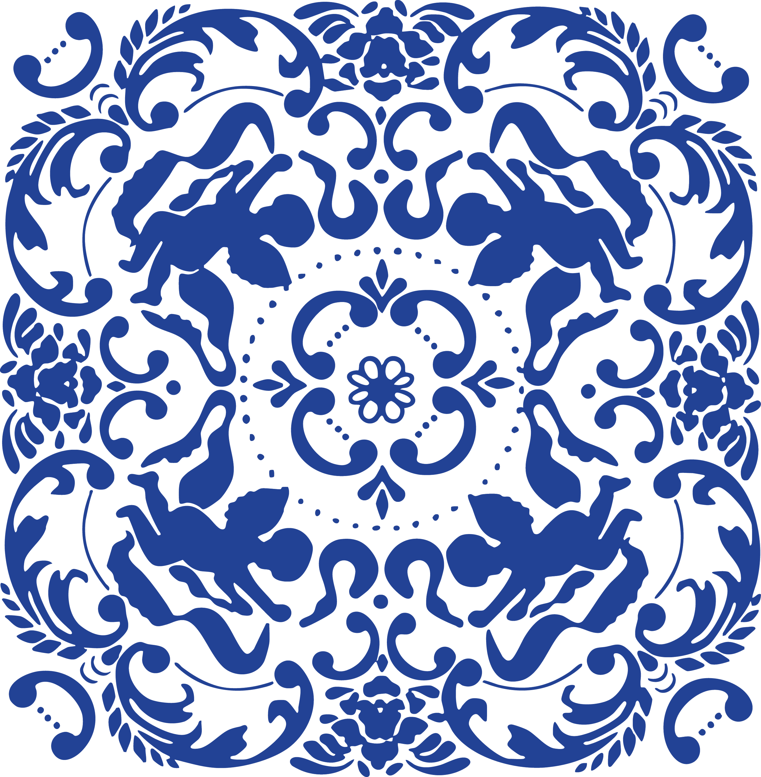 Diseño ornamental en azul con patrones florales y de criaturas míticas, formando un motivo circular detallado y simétrico.
