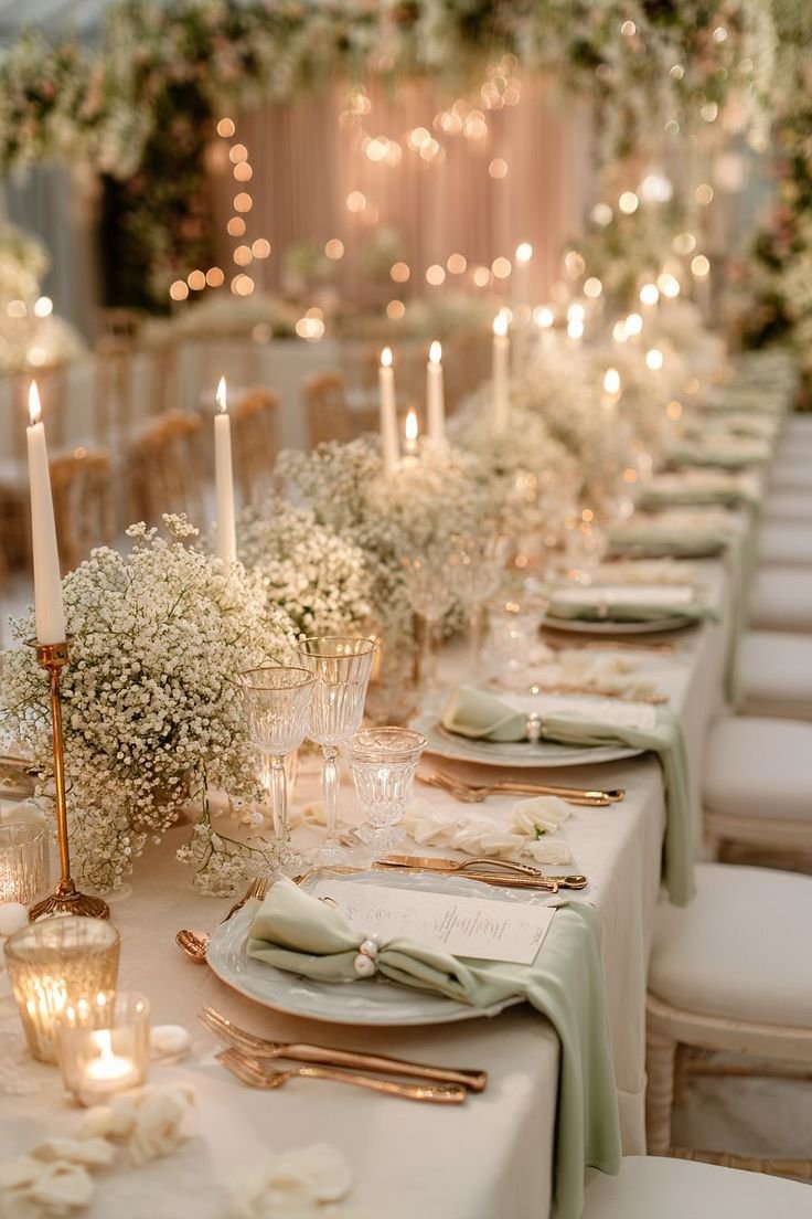 Elegant banquet table decorated with white flowers, candles, and fine tableware for a wedding or special event.