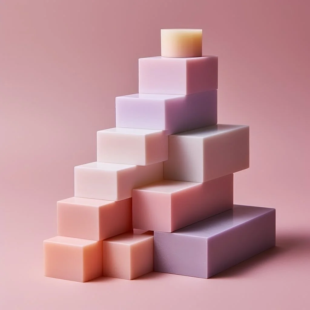 Stacked pastel-colored square and rectangular blocks on a pink background.