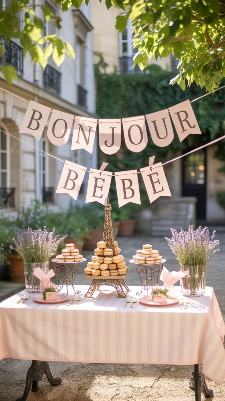 Outdoor baby shower or celebration table decorated with pink and lavender accents, macarons, lavender flowers, and a miniature Eiffel Tower centerpiece, with a banner saying 'Bonjour Bébé' hanging above.