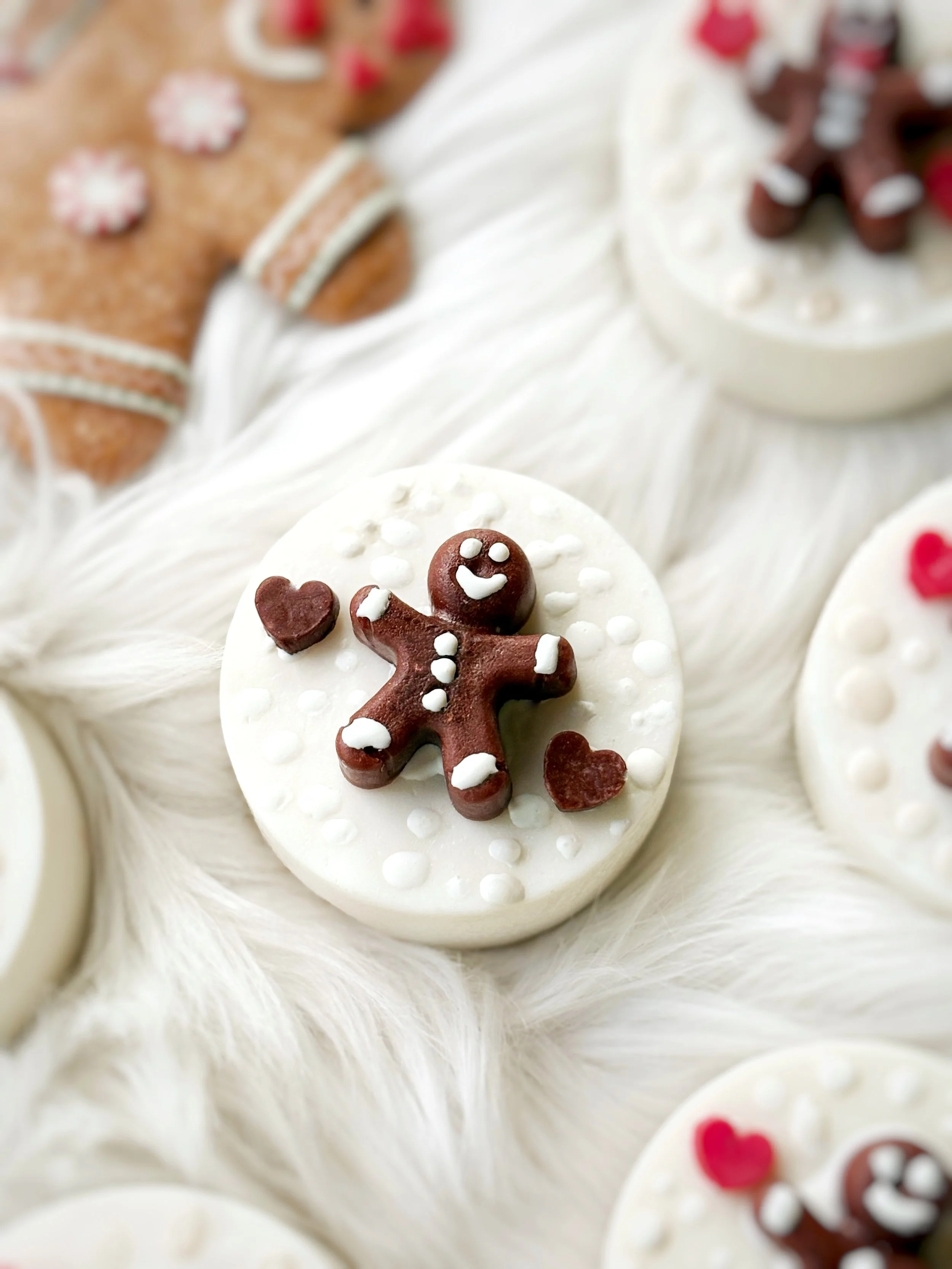 White circular cookies decorated with a gingerbread man and hearts made of chocolate and white icing, arranged on a soft white furry surface.
