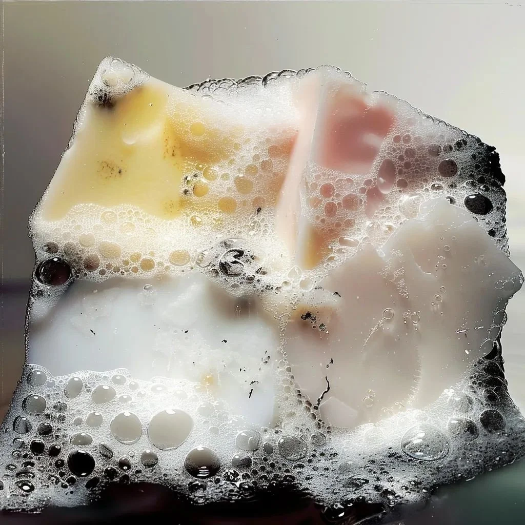 Close-up of soap and foam with bubbles on a soap dish.