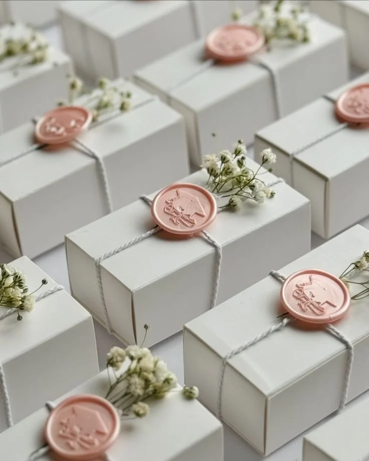 Multiple white boxes sealed with string, decorated with pink wax seals and small white flowers.