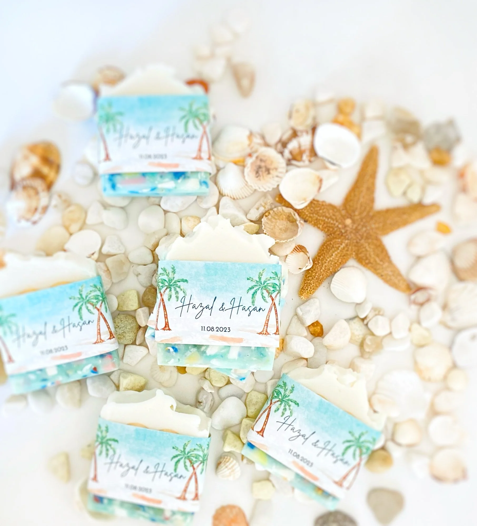 Sea-themed party favors with wrappers, seashells, and a starfish