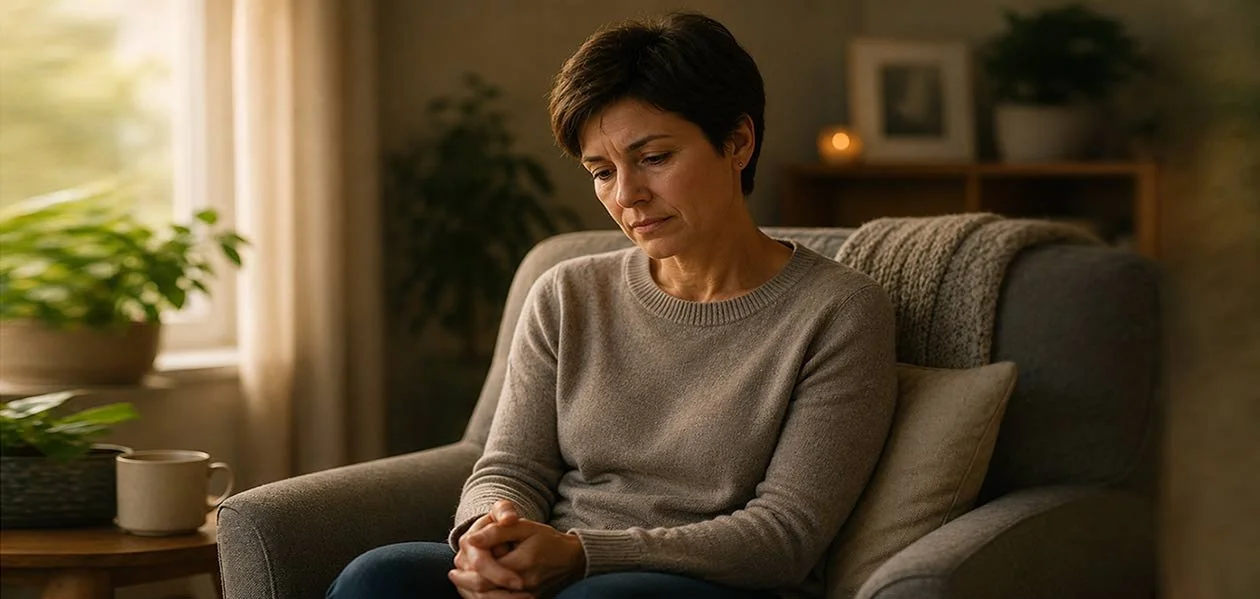 woman sits looking at her hands and wondering if NLP anxiety therapy can help her