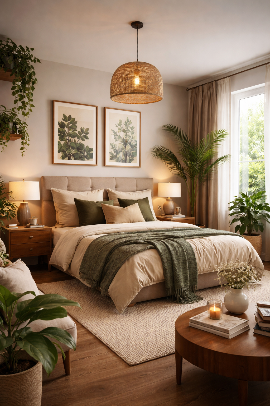 Chambre à coucher chaleureuse avec lit king-size, décor végétal, lampes, rideaux légers, et plantes vertes.