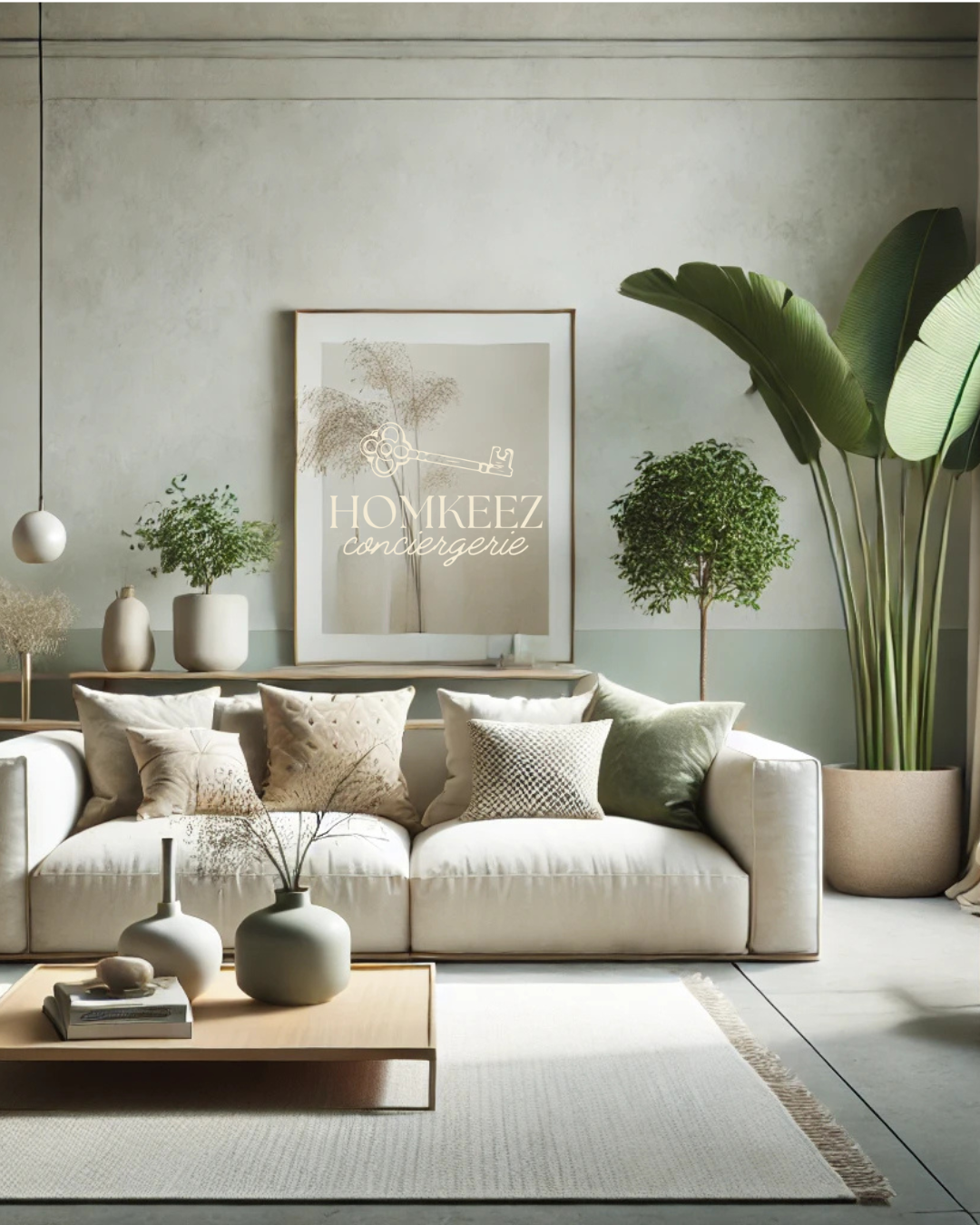 Salon intérieur avec un canapé blanc, plusieurs coussins, et des plantes vertes dans des pots. Décor minimaliste avec une table en bois et des vases.