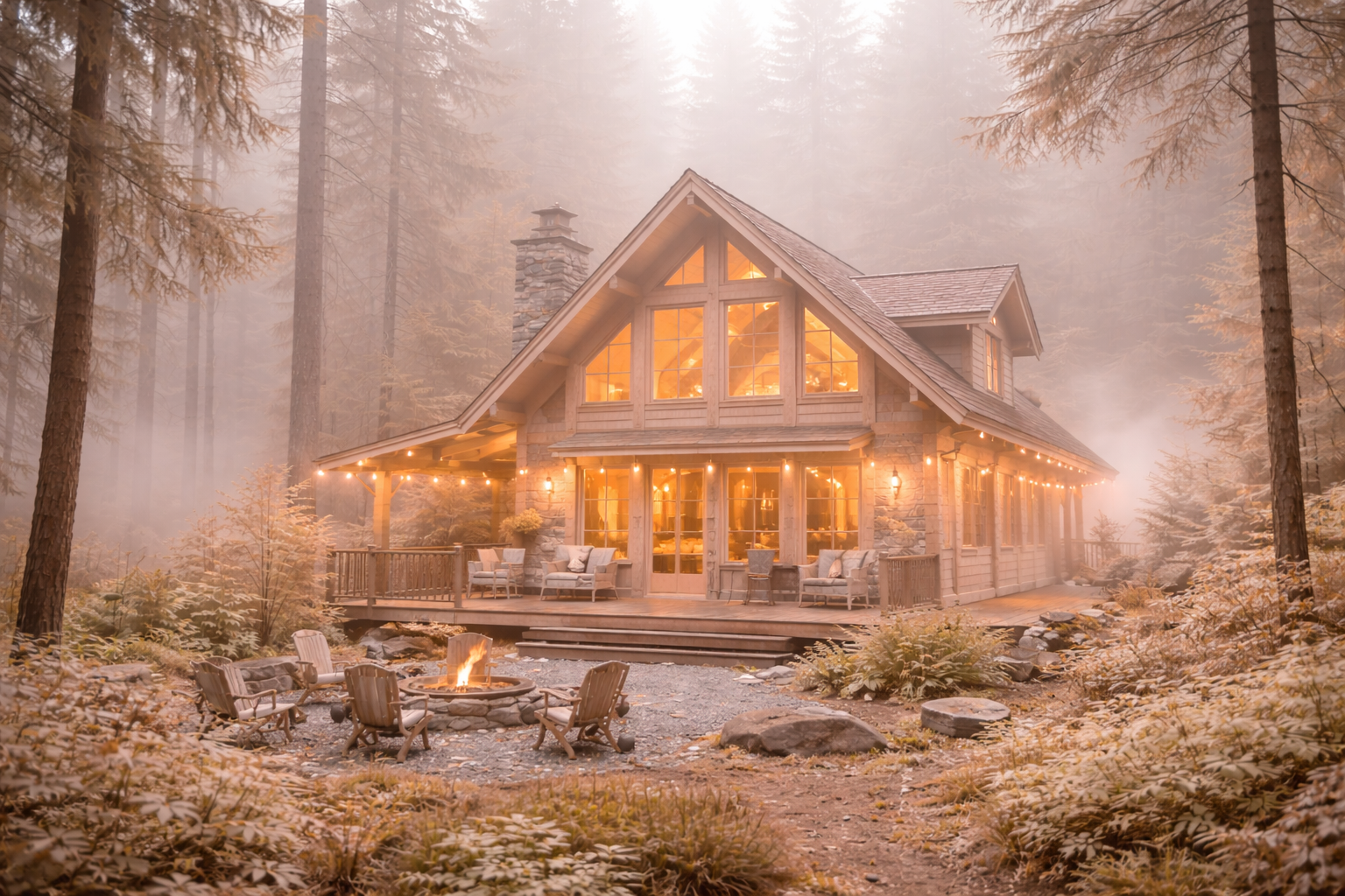 une cabane en bois dans une forêt brumeuse avec une grande terrasse éclairée par des lumières, des meubles confortables et un feu de camp entouré de chaises en bois