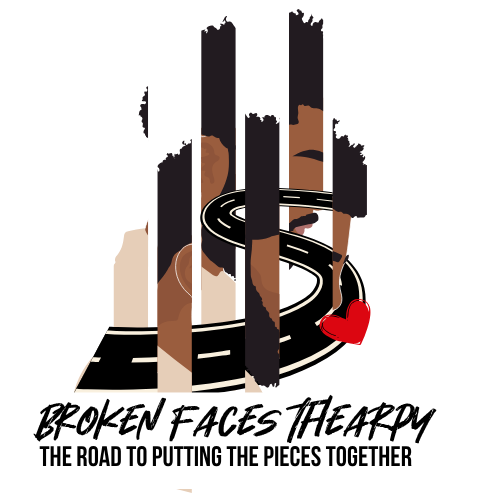 Illustration of a person's face divided by jail bars, with a winding road and a red heart in the background. Text reads 'Broken Faces Therapy' and 'The road to putting the pieces together.'