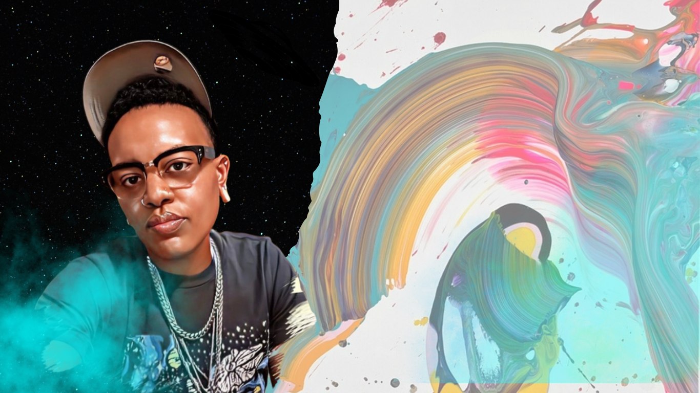 A person wearing glasses and a cap taking a selfie, with a background of stars on the left and colorful abstract paint swirls on the right.