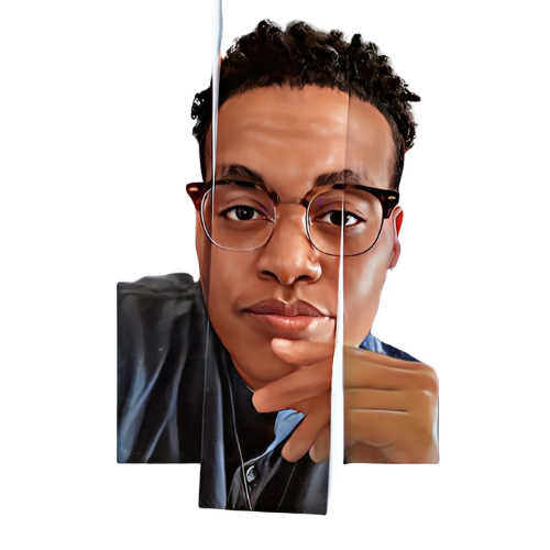 A person with glasses and curly hair looking directly at the camera, resting their chin on their hand.