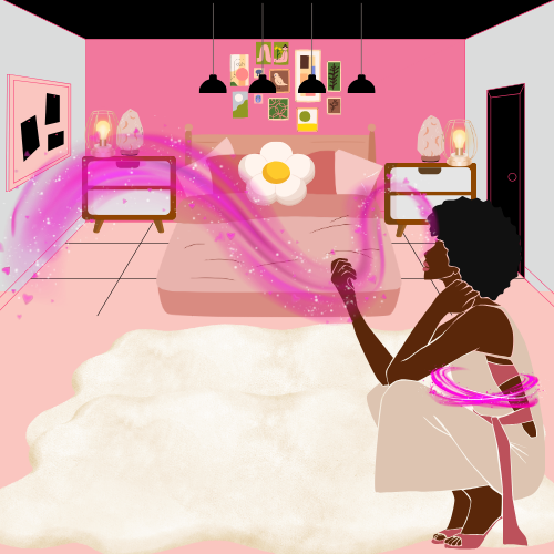 A woman with glasses sitting on a chair in a pink bedroom, creating swirling pink magic with her hands. The room has a bed, two nightstands with lamps, framed pictures on the wall, and a large soft rug.