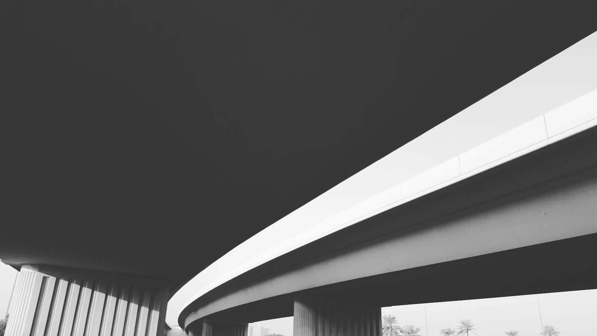 Black and white photo of a modern elevated highway or overpass with curved design and supporting pillars, seen from below.