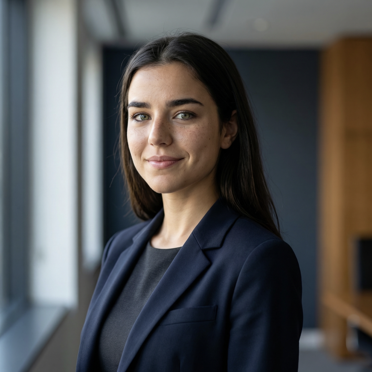 A young woman with dark brown hair, green eyes, and freckles, wearing a navy blazer and black top, standing indoors near a window with a confident smile.