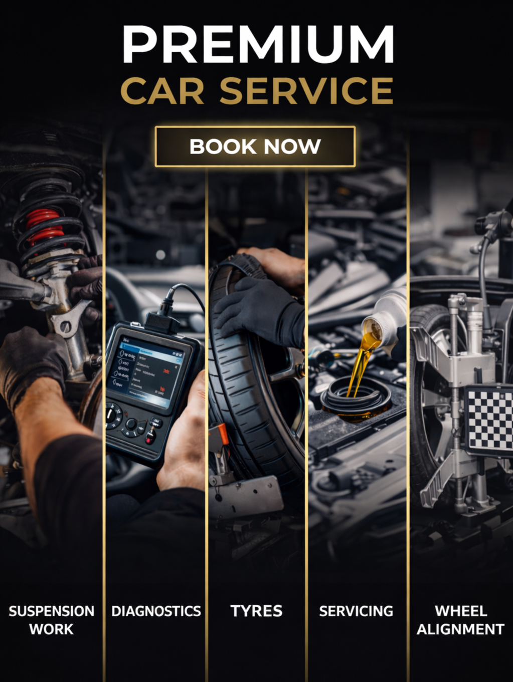 Advertisement for premium car service with images of car repair activities including suspension work, diagnostics, tire change, engine oil refill, and wheel alignment, and a 'Book Now' button.
