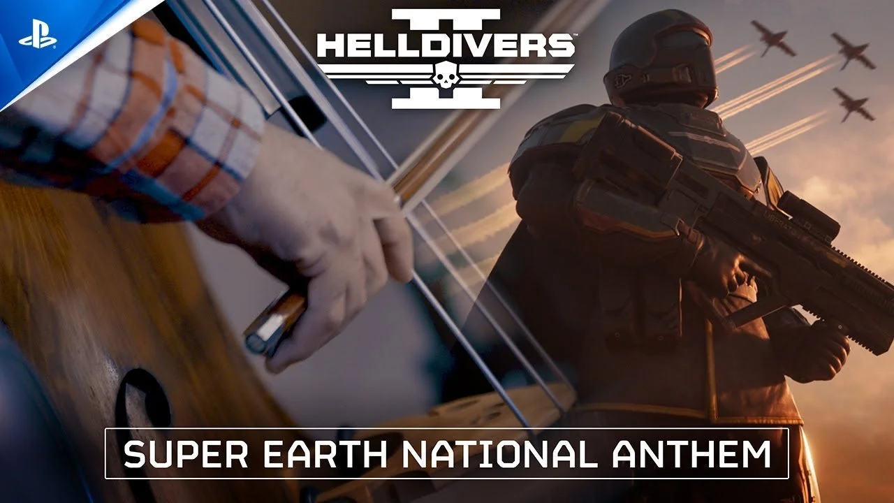 Image promoting the game 'Hell Divers' showing a person in armor holding a large gun, with fighter jets flying in the sky, and an on-screen caption reading 'Super Earth National Anthem.'