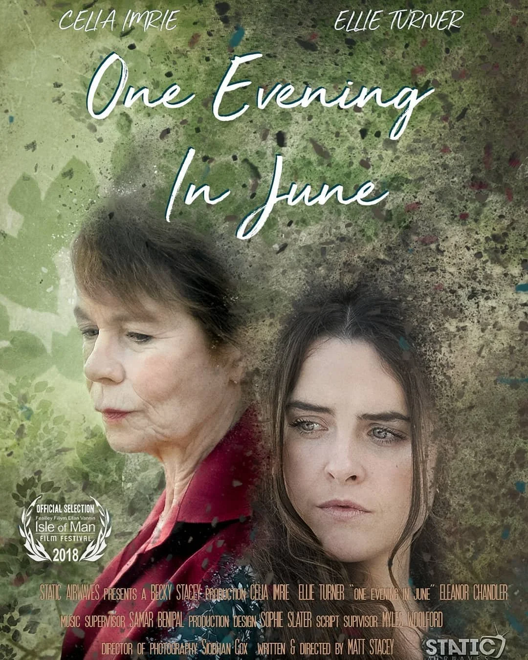 A promotional poster for the film "One Evening in June" featuring two women, Cella Imrie and Elle Turner, against a green and brown textured background. The poster includes text indicating it was an official selection at the 2018 Isle of Man Film Festival.