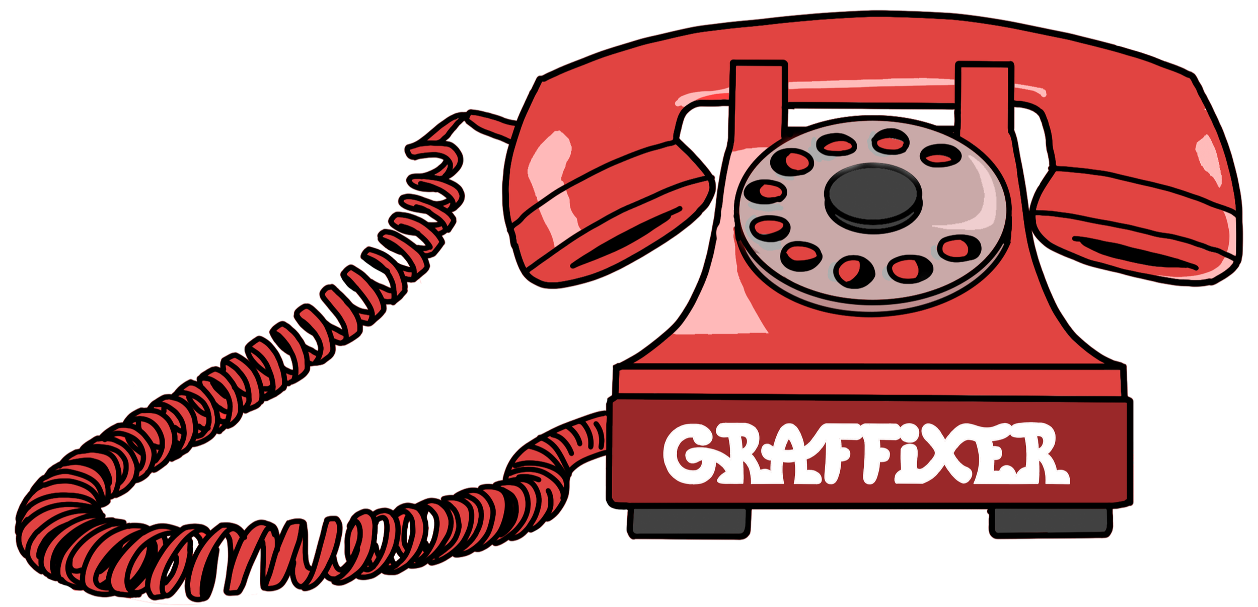 A cartoon illustration of a red rotary telephone with the word "GRAFFIXER" on the base, with a coiled cord connecting the handset to the main body.