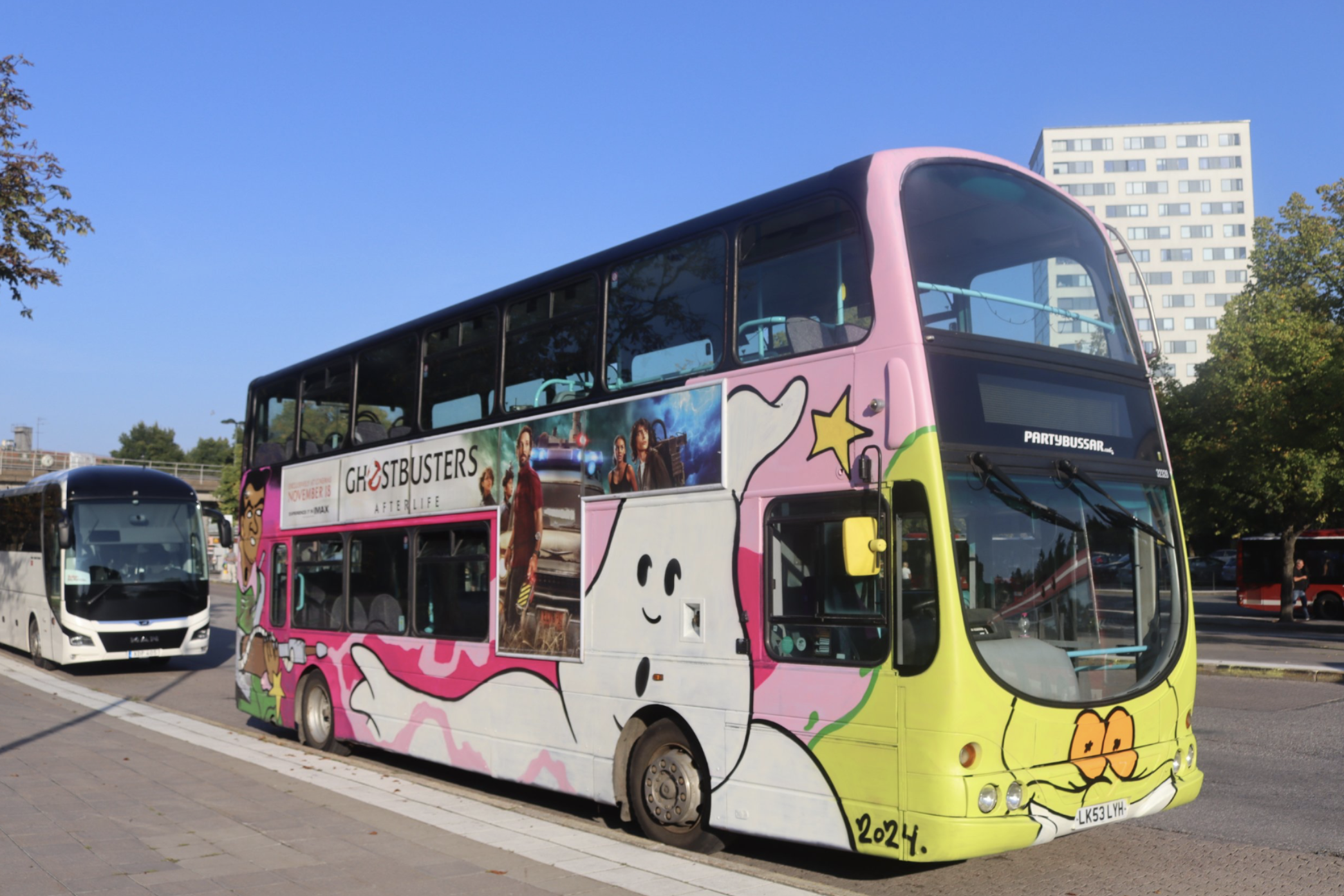 A Ghostbusters-themed bus, painted in almost one day with extra people brought in to finish the project in time. 
