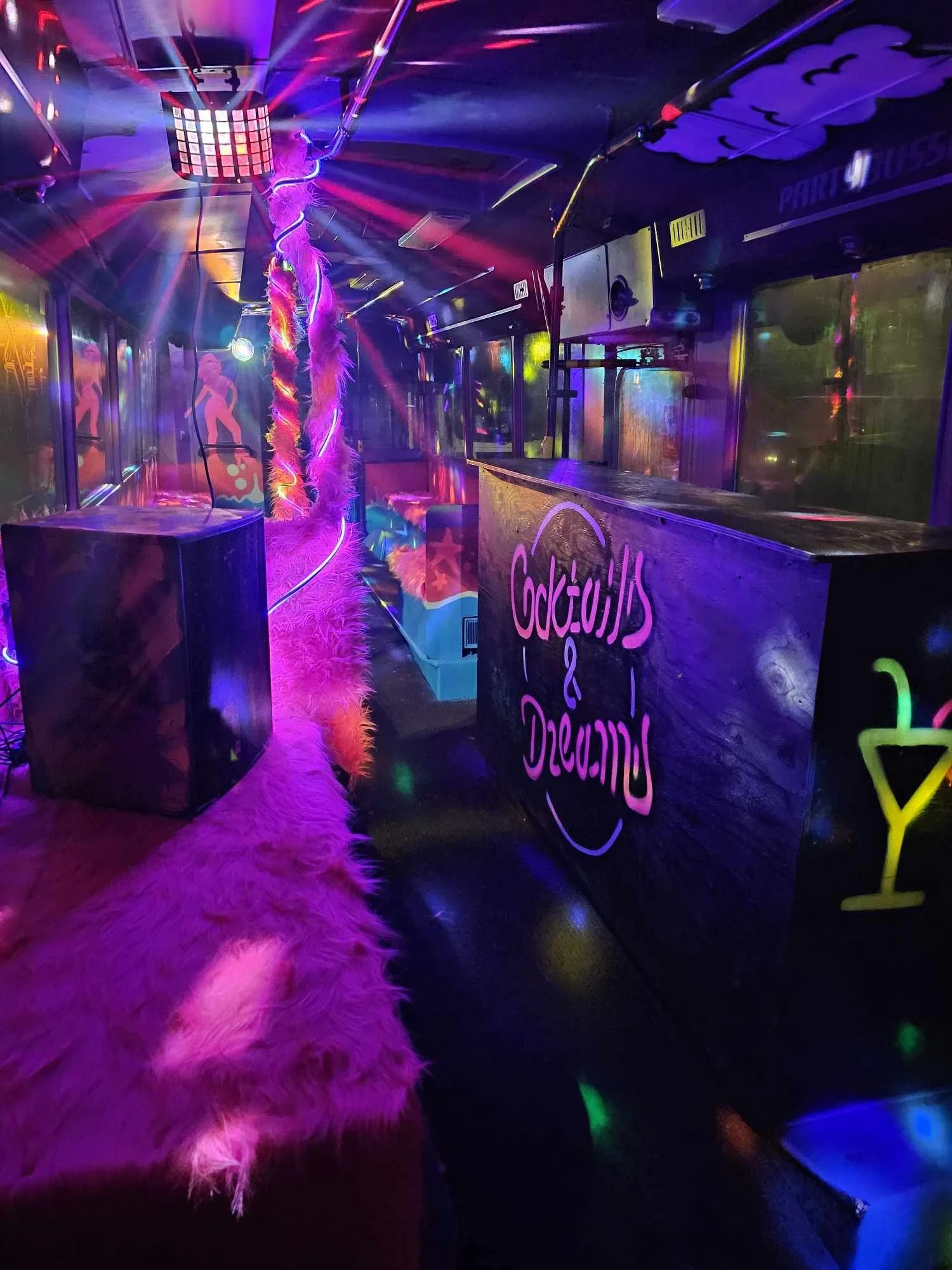 Graffixer painted a graffiti interior of one of partybussar.com party busses. Neon painted graffiti 