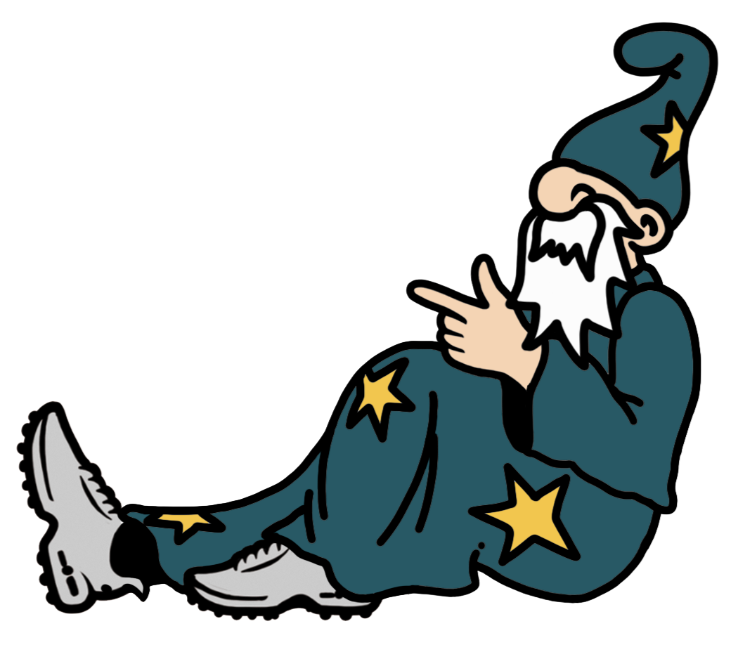 Cartoon wizard with a long white beard, wearing a blue robe with yellow stars and a matching tall, pointed hat, sitting and pointing with his right hand.