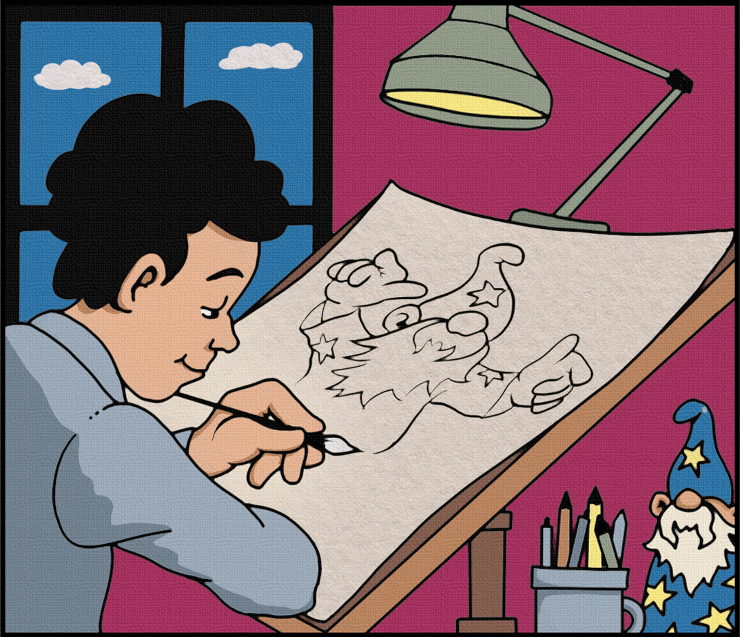 A person drawing a Santa Claus sketch in a studio with a pink wall, a desk lamp, and a gnome figurine wearing a starry blue hat in a container of drawing tools.
