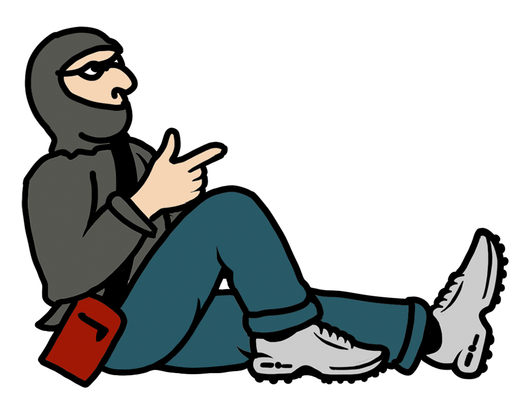 Cartoon image of a person sitting on the ground, pointing upwards with one finger, wearing a hoodie, jeans, and sneakers, with a red wallet or pouch on their side.