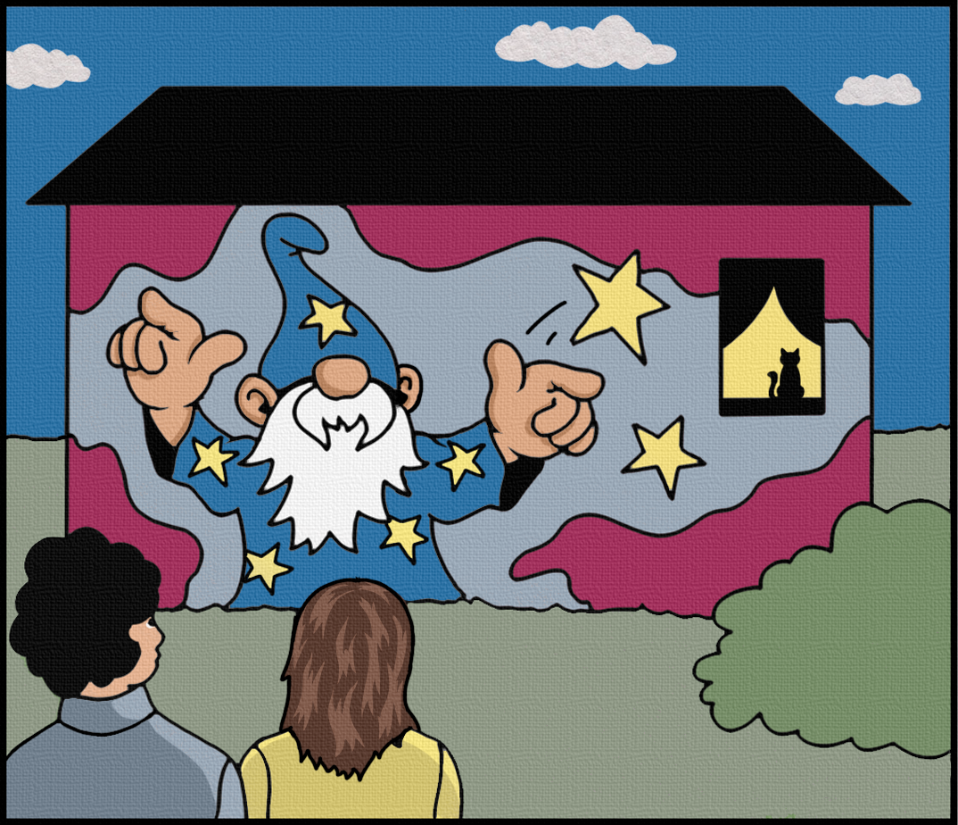 A magic show with a wizard on a house-shaped puppet screen, performing tricks with stars, while two children watch.